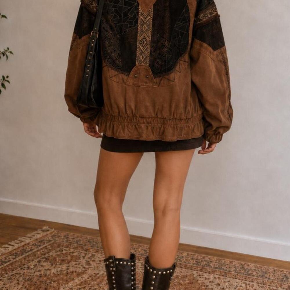 Vintage Winlit Genuine Leather Patchwork Bomber Jacket 80s 90s Southwestern Boho
